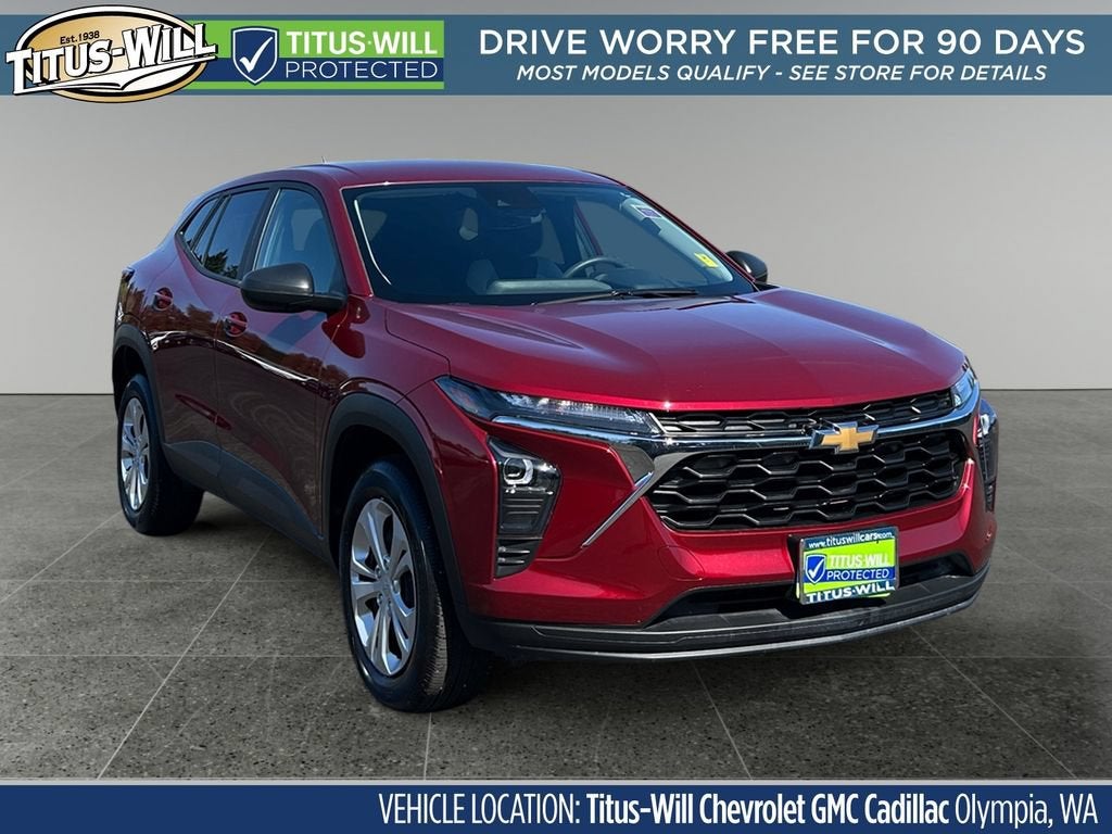 2025 Chevrolet Trax LS in Crimson Metallic — front three-quarter view
