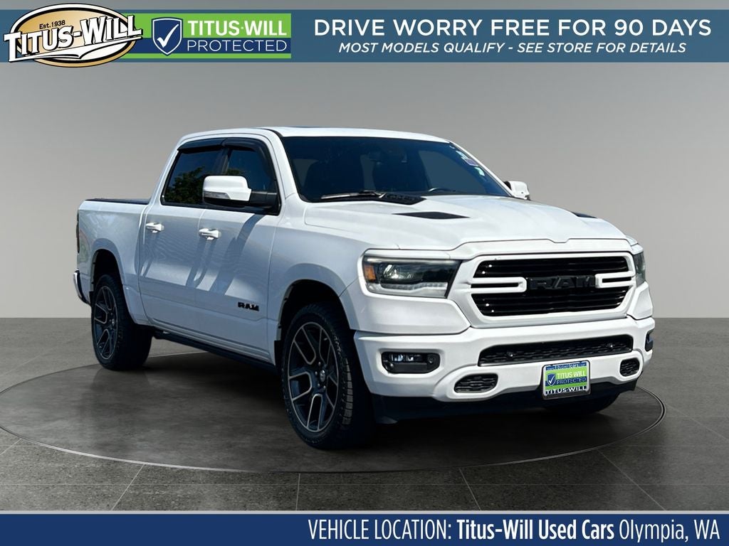 2019 RAM 1500 Rebel in White — front three-quarter view