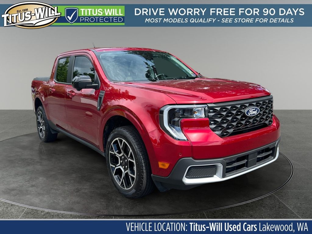 2025 Ford Maverick Lariat in Ruby Red Metallic — front three-quarter view