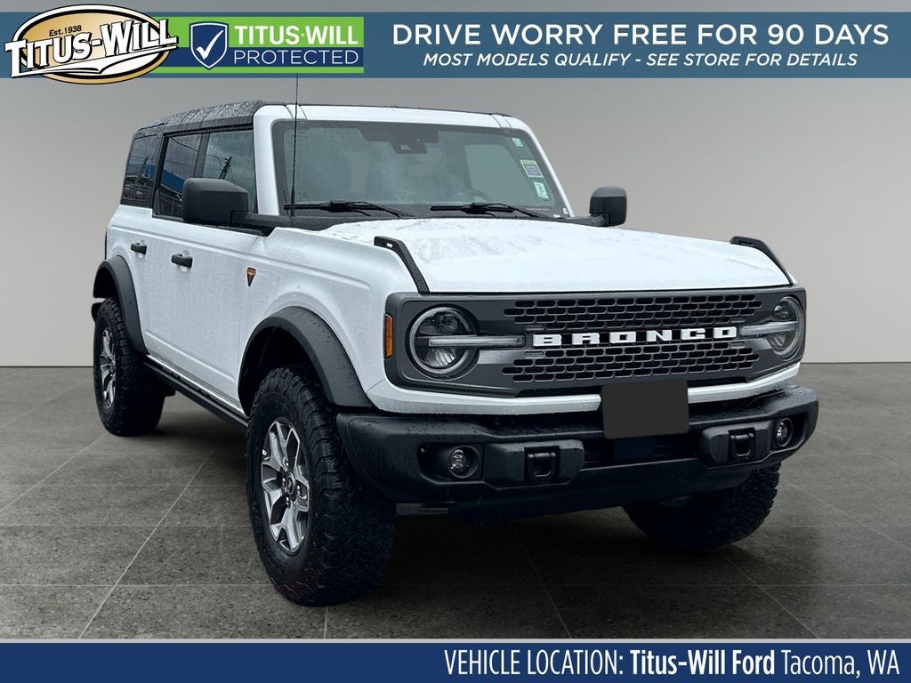 2025 Ford Bronco Badlands in Oxford White — front three-quarter view