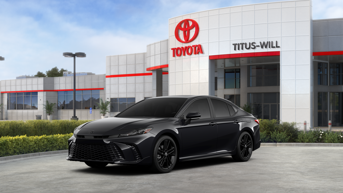 2026 Toyota Camry Nightshade in Midnight Black Metallic — front three-quarter view