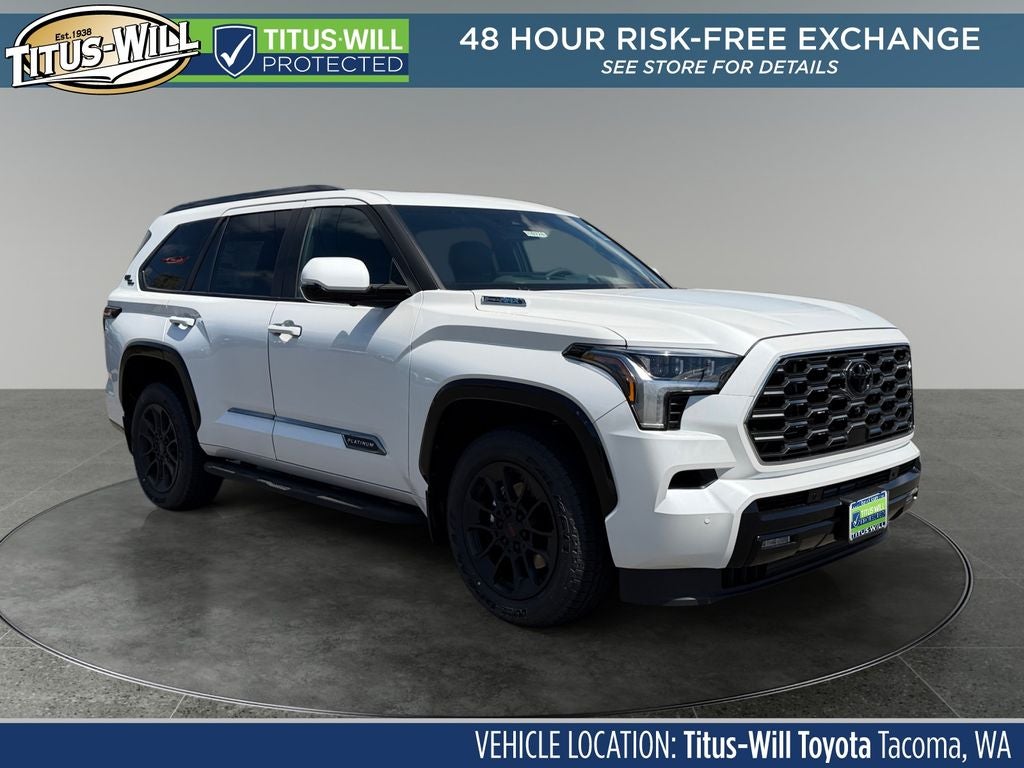 2026 Toyota Sequoia Platinum in Wind Chill Pearl — front three-quarter view