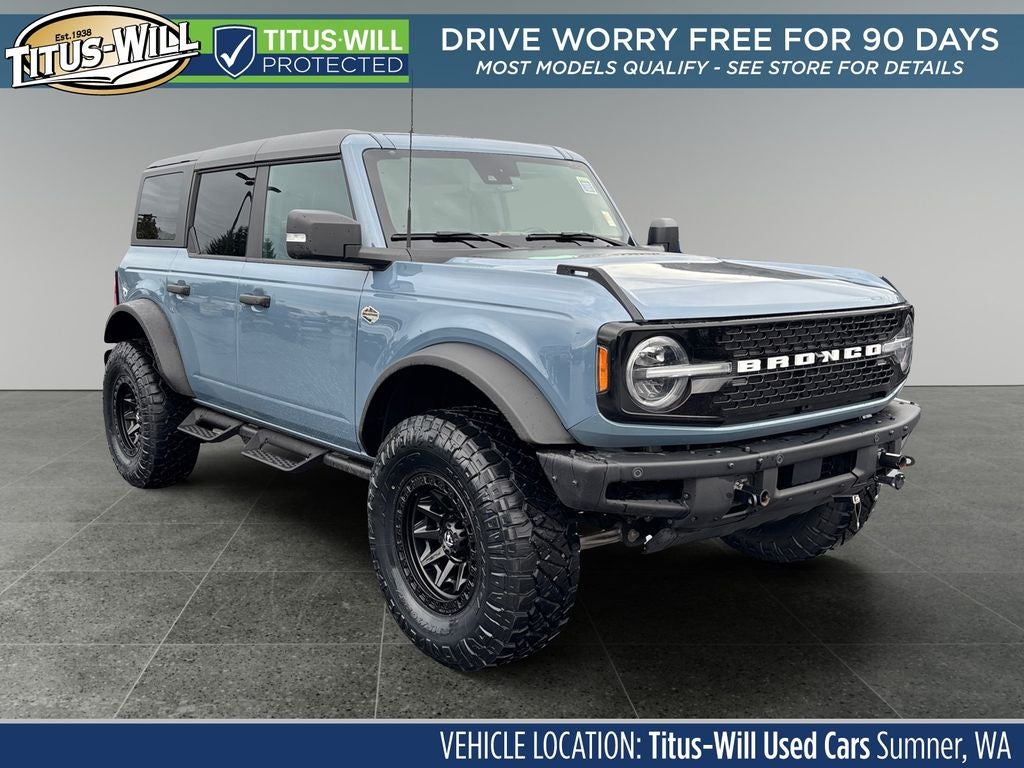 2024 Ford Bronco Wildtrak in Azure Gray Metallic — front three-quarter view